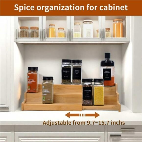 adjustable bamboo spice rack organizer 3 tier kitchen cabinet pantry shelf stora - Picture 4 of 8